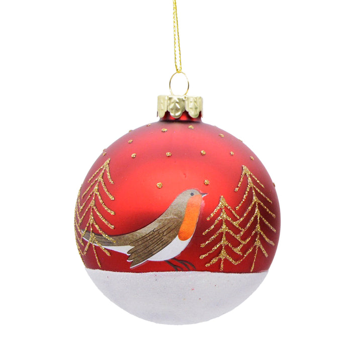 Matt Red w Robin & Trees Glass Ball
