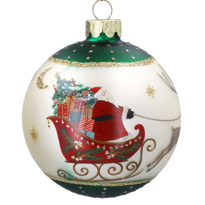 Glass Ball, 8cm - Green Border/Nostalgia Santa