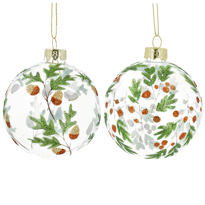 Clear Glass Ball w Oak Leaf/Copper Acorns/Berri