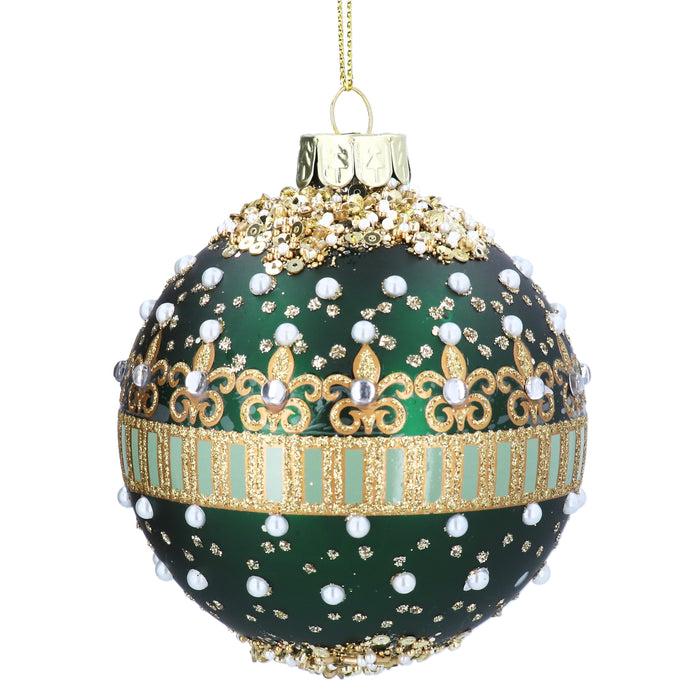 Glass Ball, 8cm - Matte Green/Pearls & Jewels