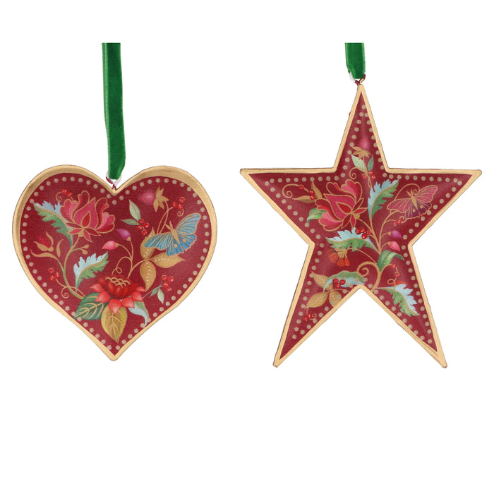 Tin Heart/Star, 11cm - Burgundy/Floribunda, 2as
