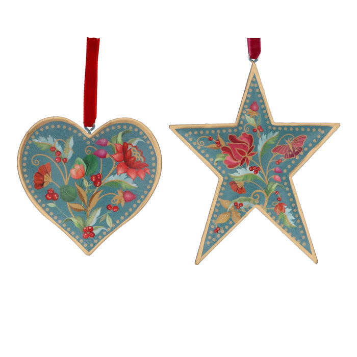 Tin Heart/Star, 11cm - Blue/Floribunda, 2as