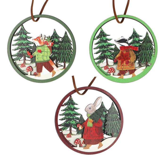 Wood Fretwork Disc, 8cm - Plaid Animals, 3as