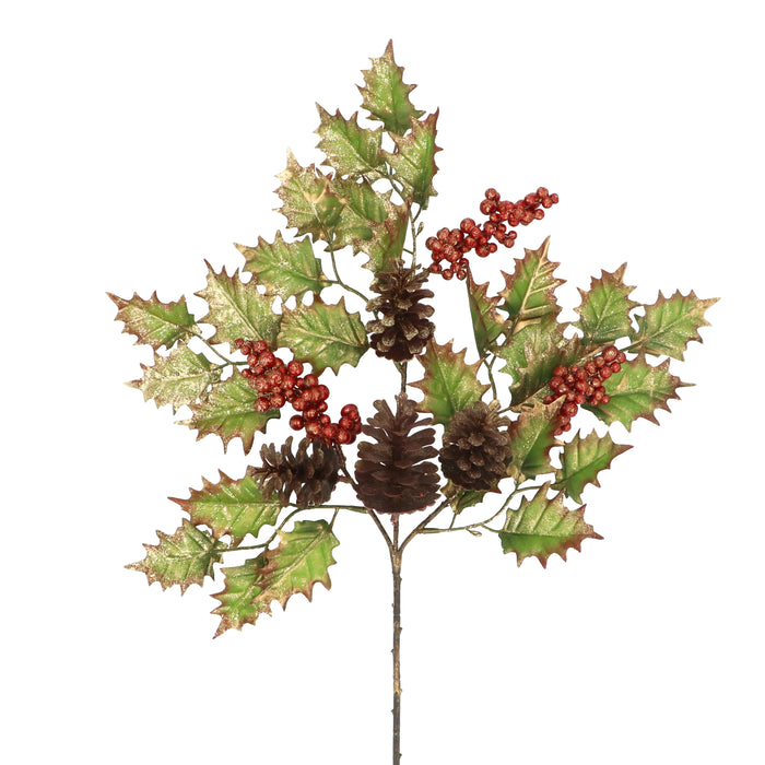 Red Berry & Pinecone Holly Spray w Gold T
