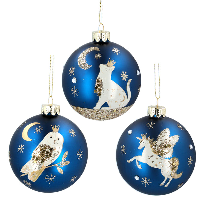 Matt Blue Glass Ball w Cat/Owl/Unicorn, 3