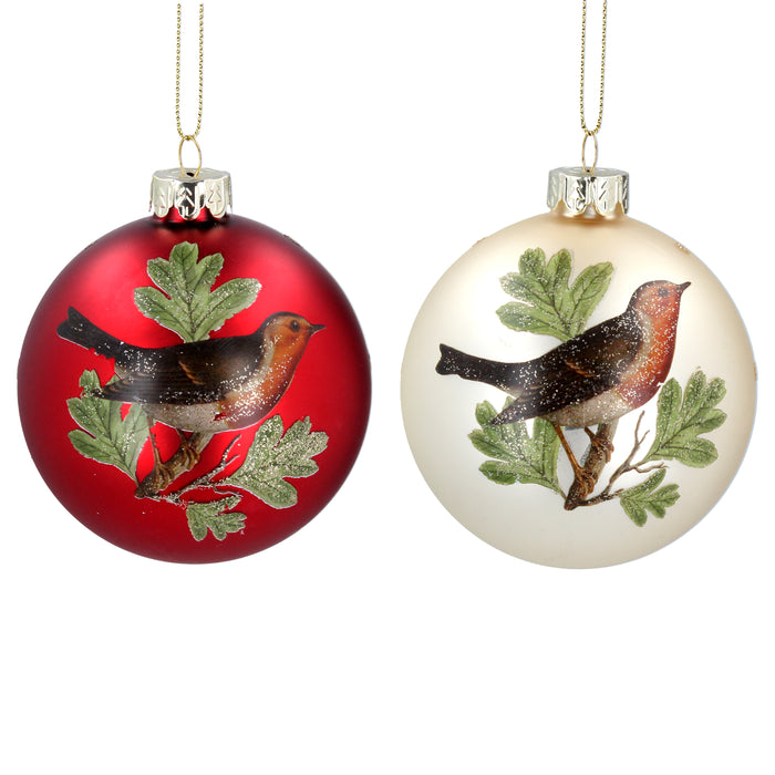 Matt Red/Cream Glass Ball w Robin Dec, 2a