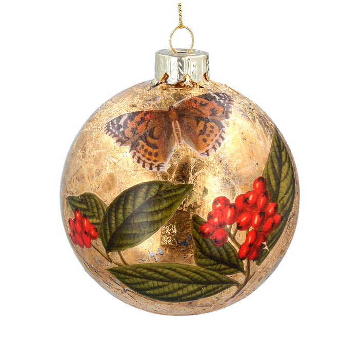 Gold Leaf Glass Ball w Butterfly Dec