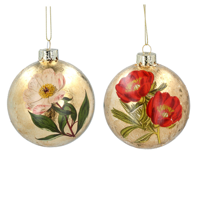 Gold Leaf Glass Ball w Flower Dec, 2as