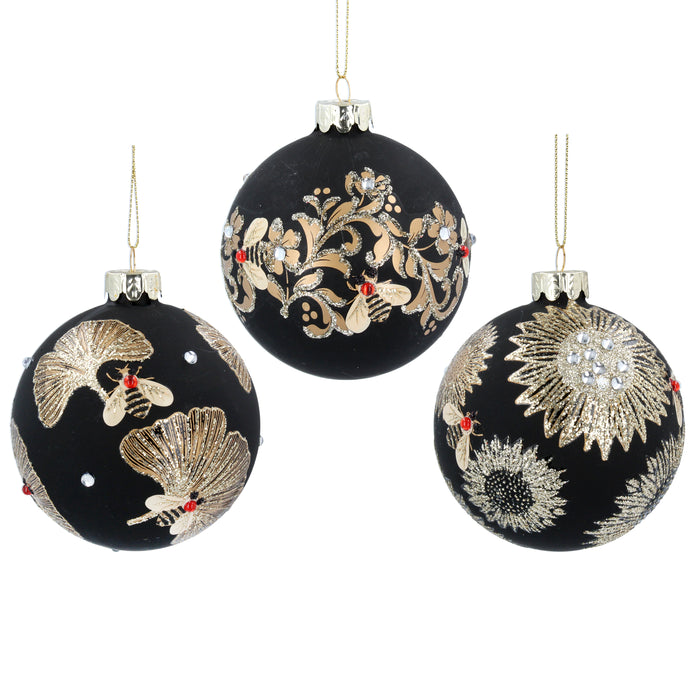 Matt Black Glass Ball w Gold Leaves/Bee,