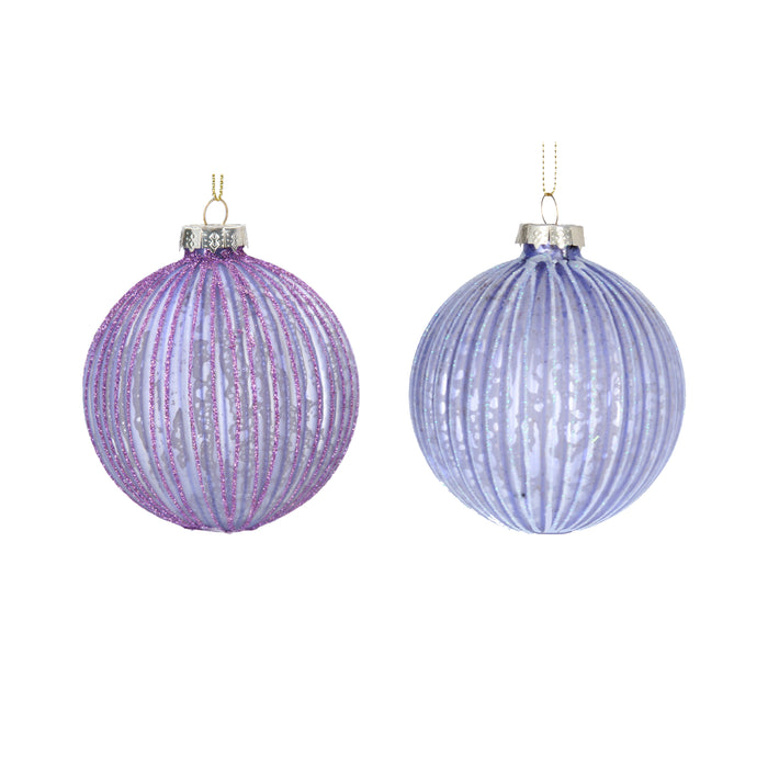 Lilac Matt/Glitter Ribbed Glass Ball, 2as
