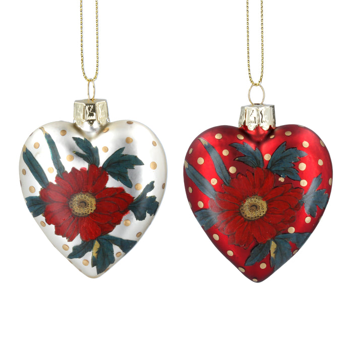 Matt Cream/Red Glass Heart w Painted Popp