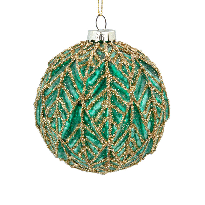 Green Glass Ball w Gold Mesh Leaves
