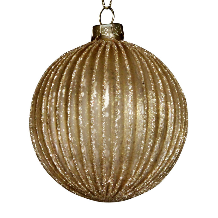 Glass Bauble 8cm - Matt Gold Ribbed w Gol