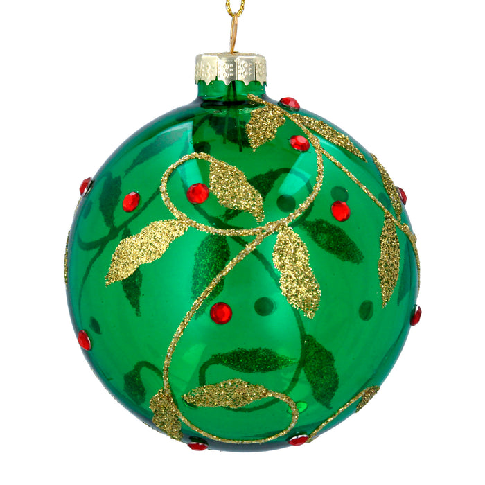 Clear Green Glass Ball w Gold Leaves/Red