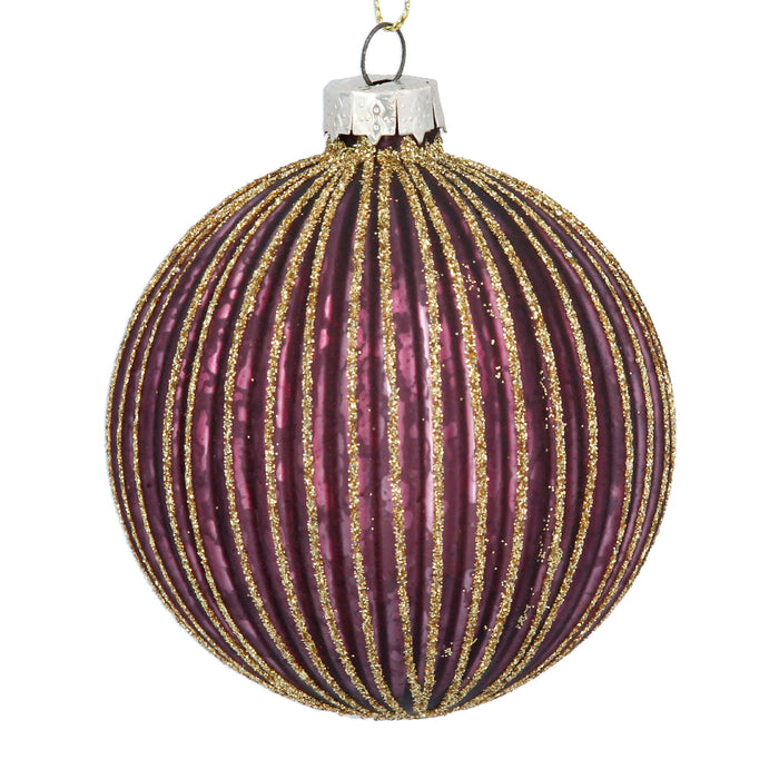 Matt Plum/Gold Glitter Ribbed Glass Ball