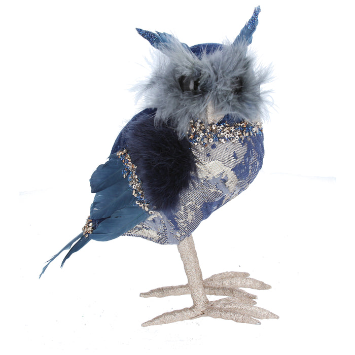 Blue/Gold Fabric/Feather Owl Orn