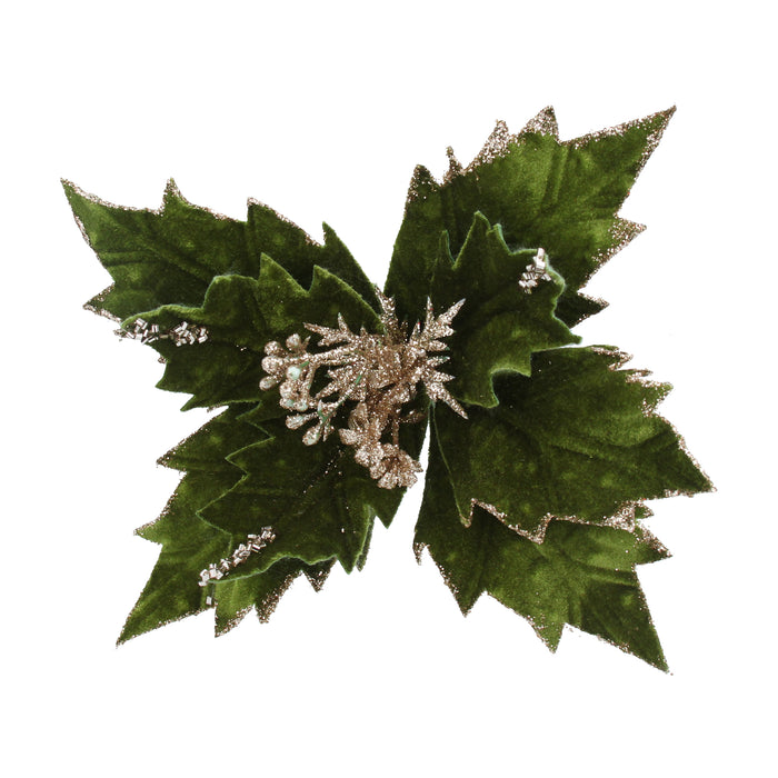 Dark Green/Gold Fabric Poinsetta Pick
