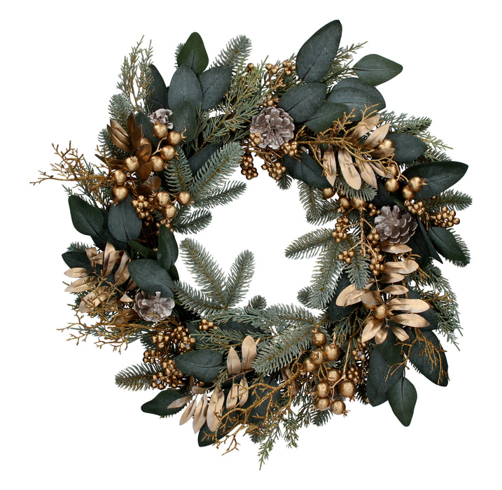 Matt Gold/Green Leaf/Berry Wreath