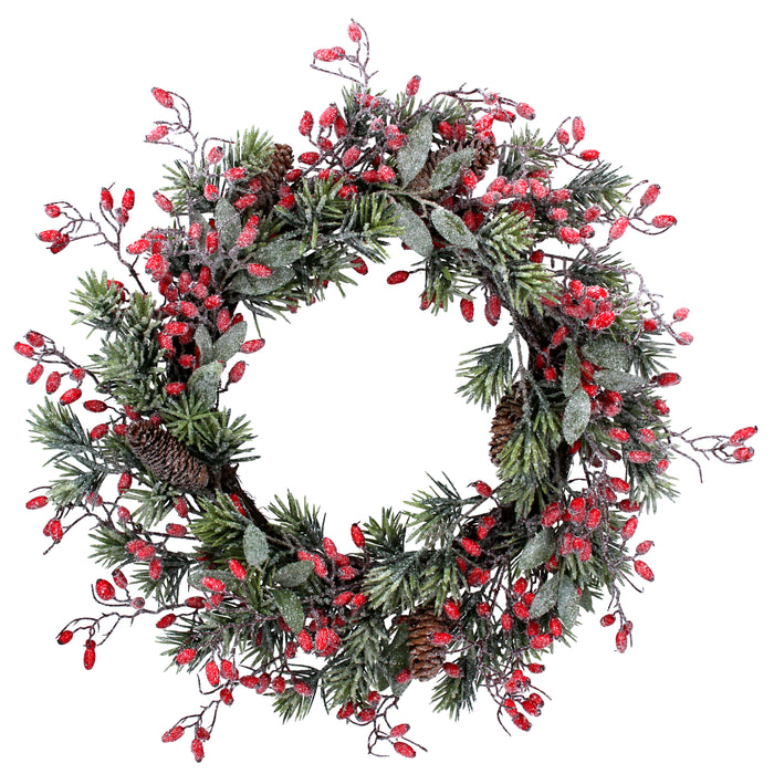 Frosted Fir Wreath w Rosehips