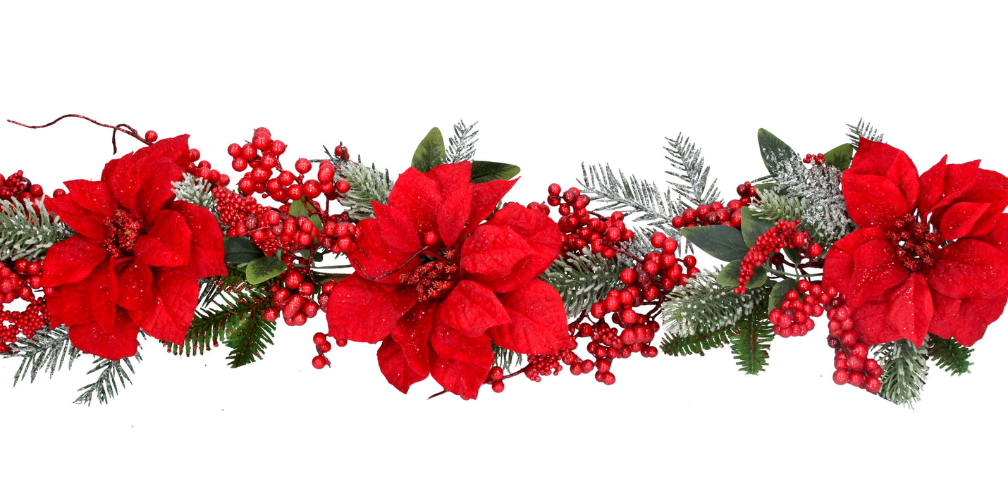 Green Fir Garland w Red Fabric Poinsettas