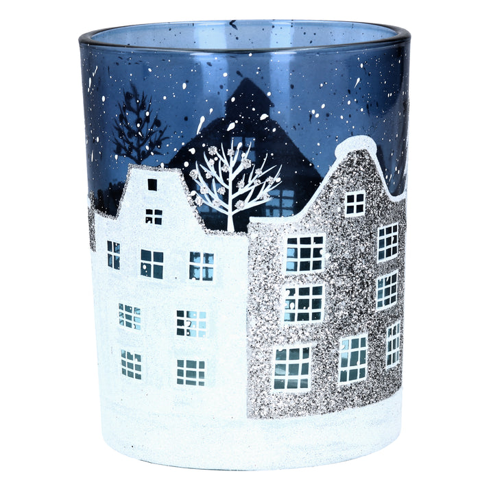 Blue/White Glass Street Scene T-Lite Pot,