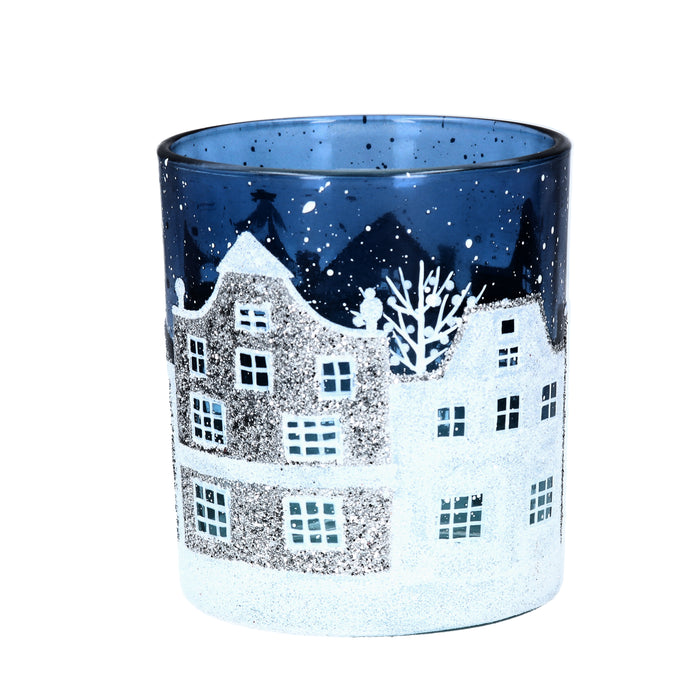 Blue/White Glass Street Scene T-Lite Pot,