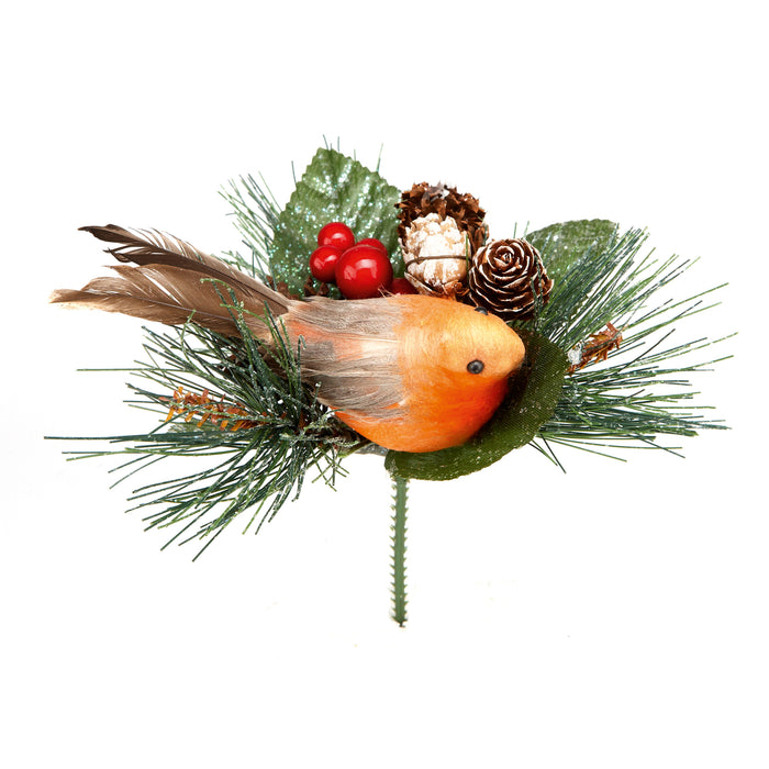 15cm Robin With Pine Cone Pick